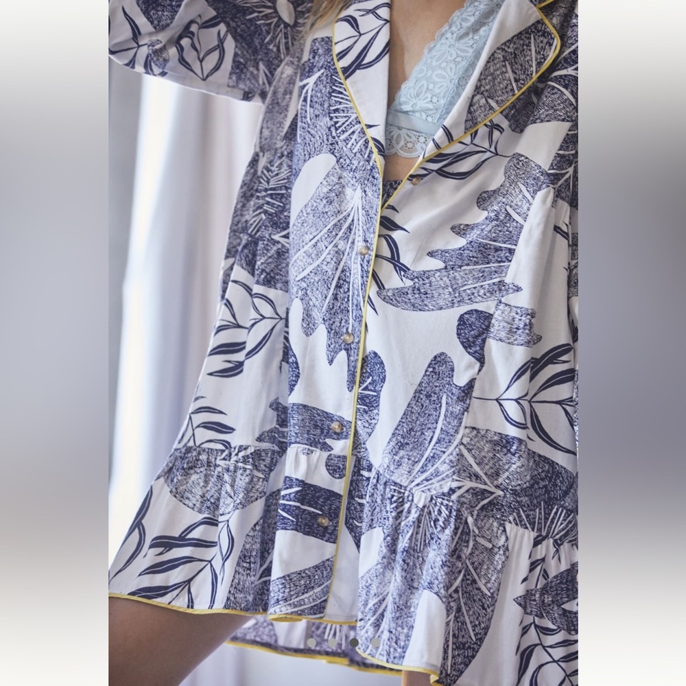 Anthropologie White and Blue Camille Cabanes Botanical Flannel Pajama Set - Picture 3 of 16